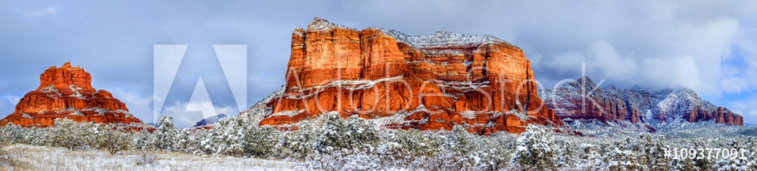 Picture of Courthouse Butte and Bell Rock under snow